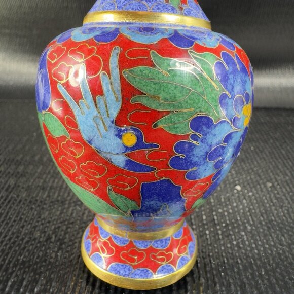 Vintage Chinese Cloisonne Vase Vessel Bud Vase Blue Red Bird Flowers Metal VTG - Picture 9 of 12